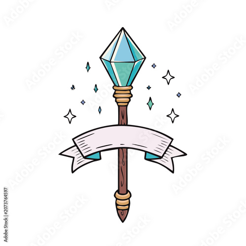 Magic wand with gemstone and banner illustration