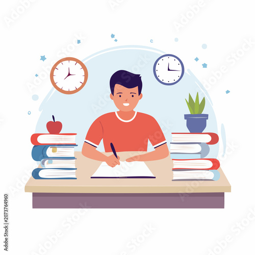 Boy Studying at Desk with Books and Clocks