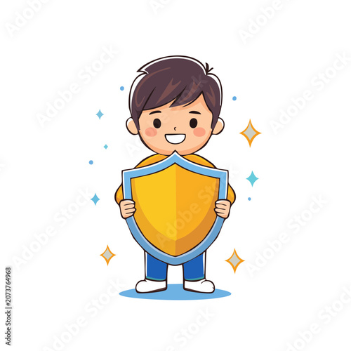 Cartoon boy holding a shield, flat vector illustration