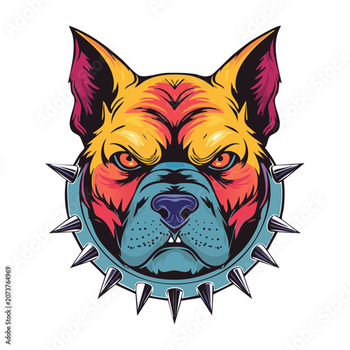 Cartoon angry dog head with spiked collar