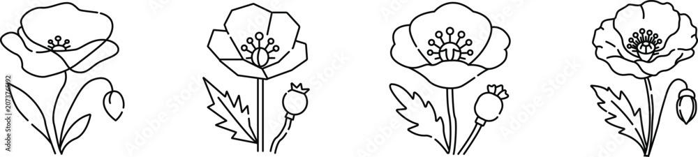 Fototapeta premium Poppy Flower Icons Set Vector Illustration, Floral Blossom, Botanical Nature and Decorative Line Art Collection