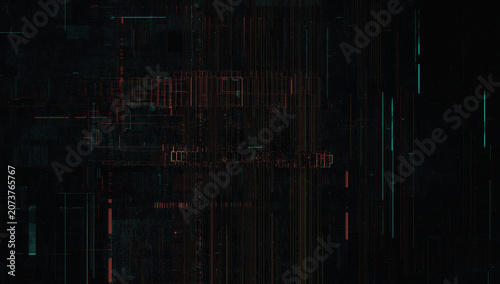 Digital glitch background with distorted pixel lines and moody neon accents