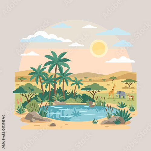 Photography African savanna landscape with wild animals and oasis