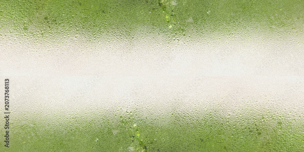 Fototapeta premium Grainy noise frosted glass texture with condensed water rain drops over blurred natural green backdrop. Features a horizontal bright gradient center ideal for copy space