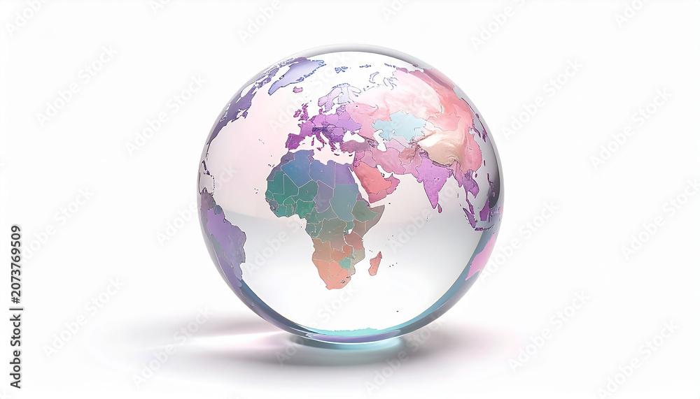 Fototapeta premium Transparent Crystal Glass Globe with Colorful World Map on White Background