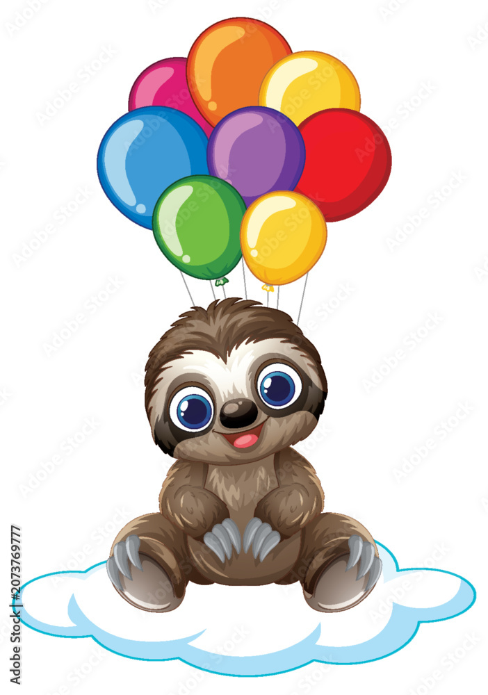 Fototapeta premium Cute Cartoon Sloth Floating on Cloud with Colorful Balloons