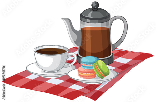 Coffee Pot with Cup and Colorful Macarons on Red Plaid Napkin
