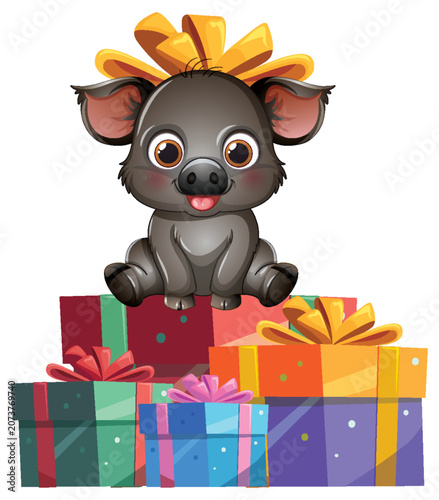 Cute Cartoon Baby Boar Sitting on a Pile of Gift Boxes