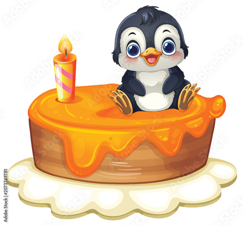 Cute Cartoon Penguin Sitting on a Birthday Cake with Candle