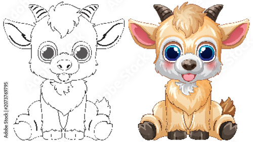 Cute Baby Goat Vector Illustration and Coloring Page Set