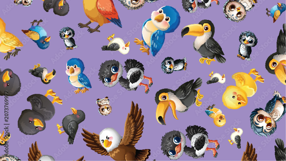 Fototapeta premium Seamless Vector Pattern of Cute Cartoon Birds on Purple Background