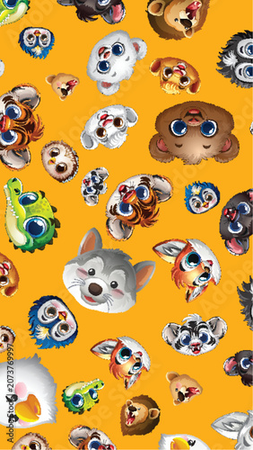Seamless Pattern of Cute Cartoon Animal Faces on Yellow Background