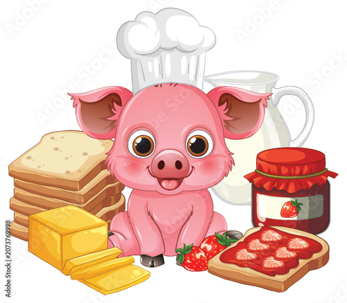 Cartoon Pig Chef with Breakfast Toast Jam and Milk Illustration