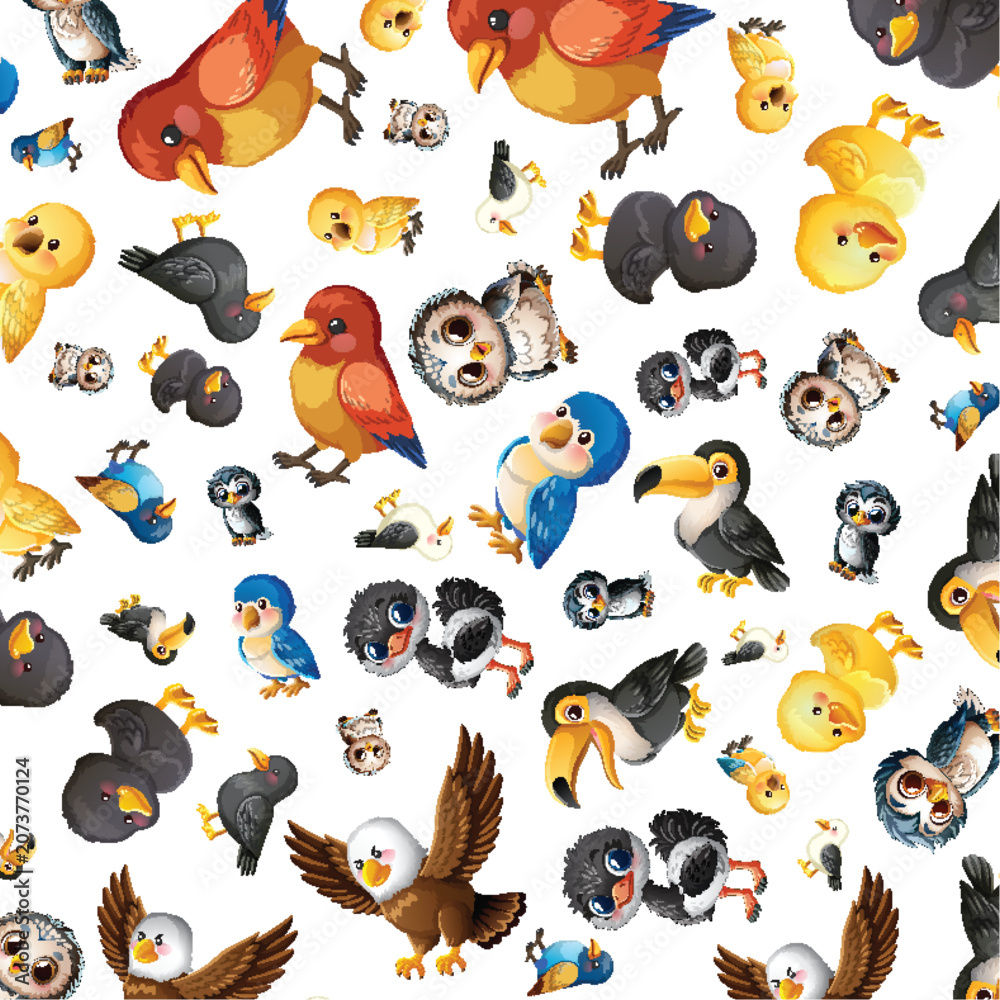 Obraz premium Seamless Pattern of Cute Cartoon Birds on a White Background
