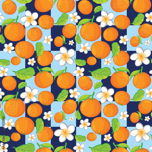 Seamless Vector Pattern with Oranges and White Flowers on Blue Checkerboard