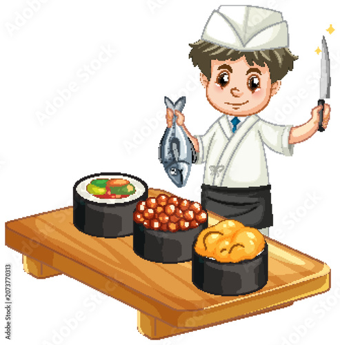 Cartoon Sushi Chef Holding Fish and Knife Behind Wooden Platter