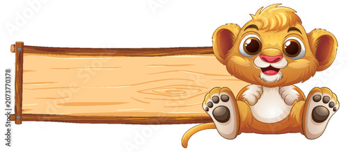 Cute Cartoon Baby Lion Cub Sitting Next to Blank Wooden Sign