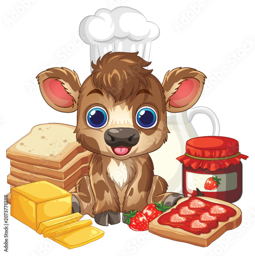 Cute Cartoon Calf Chef with Breakfast Bread Jam and Milk