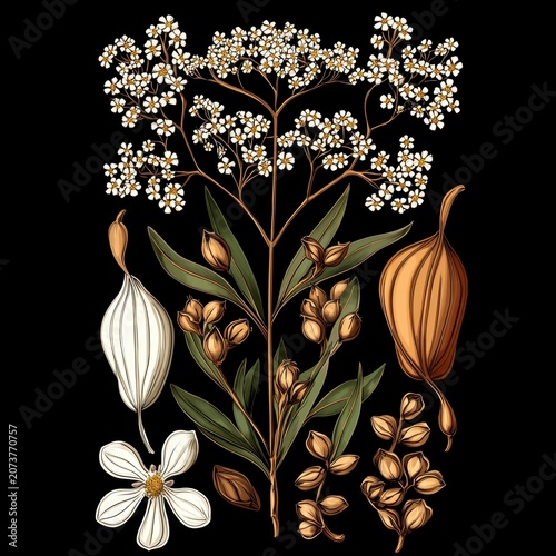 Detailed Botanical Illustration Of Flowers And Plants On Dark Background