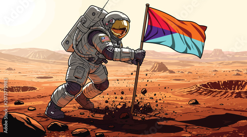 Bild auf Leinwand Astronaut Planting Flag on Mars Surface Exploring New Frontier of Space Explorat