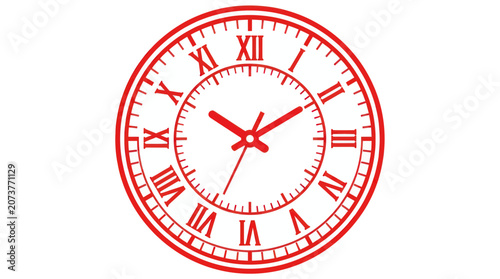 Foto Vintage Red Roman Numeral Clock Face with Hands on White Background