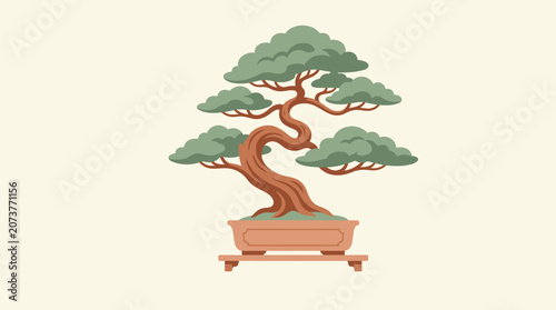 Minimalist flat illustration of a stylized bonsai tree in a ceramic pot.