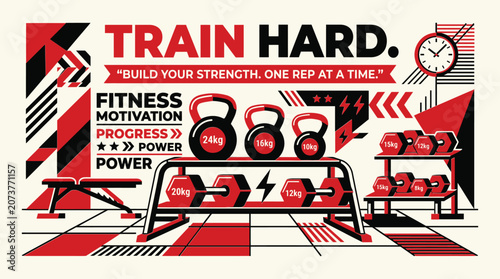 Fitness Motivation Graphic Poster with Kettlebells Dumbbells and Train Hard Text