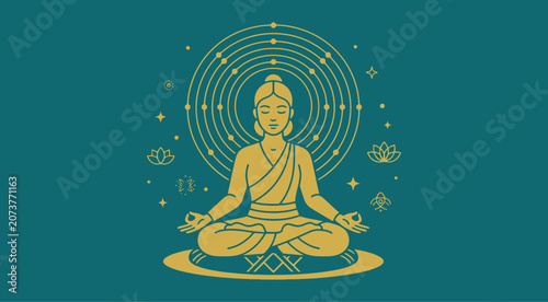 Stylized golden line art illustration of a meditating person in lotus pose with cosmic aura on teal background