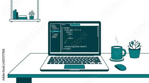 Flat vector illustration of desk with laptop showing code, coffee, and plants