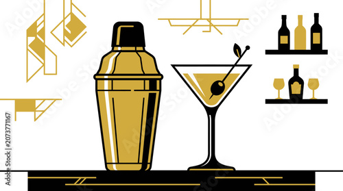 Art Deco Cocktail Illustration with Gold Shaker and Martini Glass
