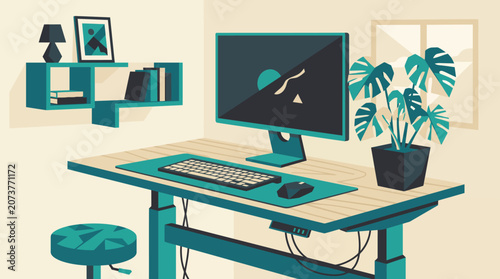 Modern home office flat illustration with standing desk computer and monstera plant