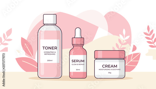 Skincare product set illustration featuring pink toner serum and face cream bottles for beauty routine branding.