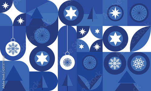 Winter geometric minimal design featuring simple shapes and winter symbols like snowflakes and Christmas trees