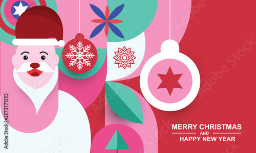 Happy Holidays Greeting geometric mosaic greeting card design template with Santa Claus, snowflakes, trees, stars and Christmas ball