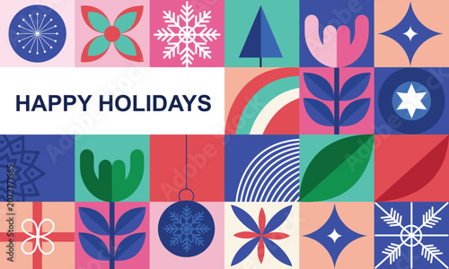Happy Holidays Greeting geometric mosaic greeting card design template with snowflakes, trees, stars and Christmas ball