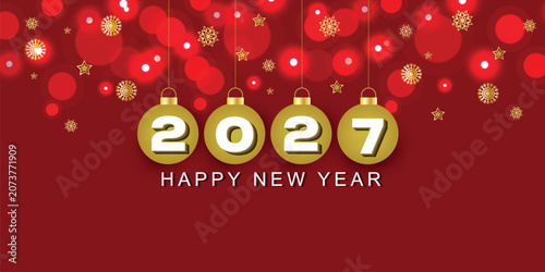 Happy New Year 2027. Hanging Gold Christmas balls with snowflakes and bokeh decoration