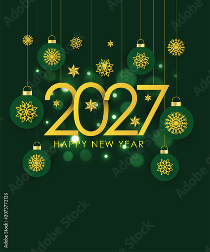 Happy New Year 2027. Hanging Golden numbers 2027 with Christmas balls and snowflakes decoration