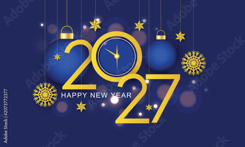 Happy New Year Hanging Golden numbers 2027 with Christmas balls, snowflakes and stars decoration