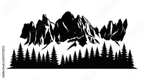 Foto Black silhouette of pine trees landscape.