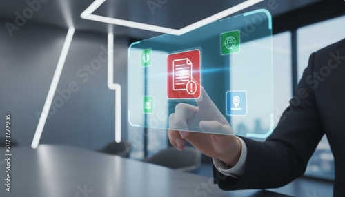 Futuristic Business Communication: Man Touching Digital Alert on Transparent Screen