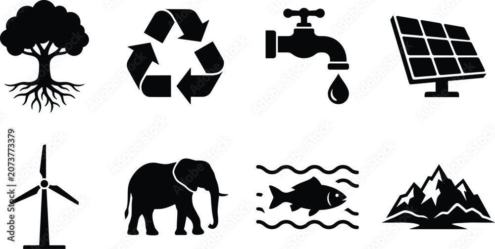 Fototapeta premium Ecology and Renewable Energy Black Icon Set Featuring Wildlife Nature and Conservation Concepts