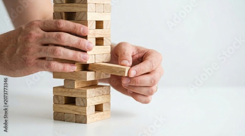 Hands Carefully Removing a Wooden Block from a Stacking Game Tower