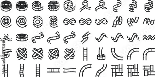Foto Cinematic Film Negative Strip Vector Icon Set with Twisted Reels, Curved Motion