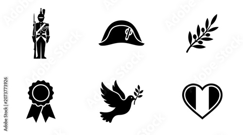Tableau sur toile Various symbols of peace and awards. Bastille Day vector icon set