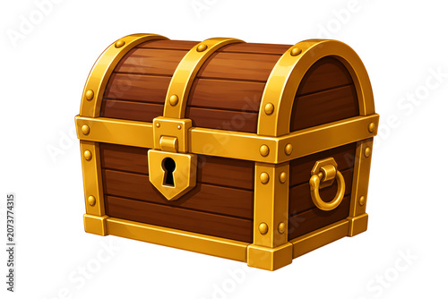Cartoon style wooden treasure chest with golden details isolated on white background.