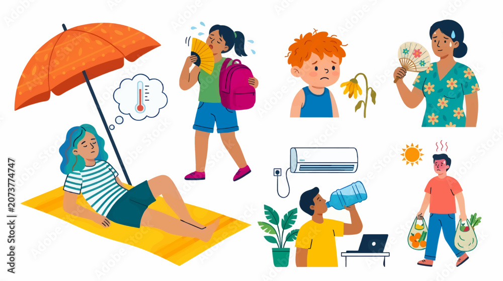Obraz premium Flat Illustration of People Suffering from Summer Heatwave, Showing Sunburn, Dehydration, and Seeking Relief with Fans and Air Conditioning