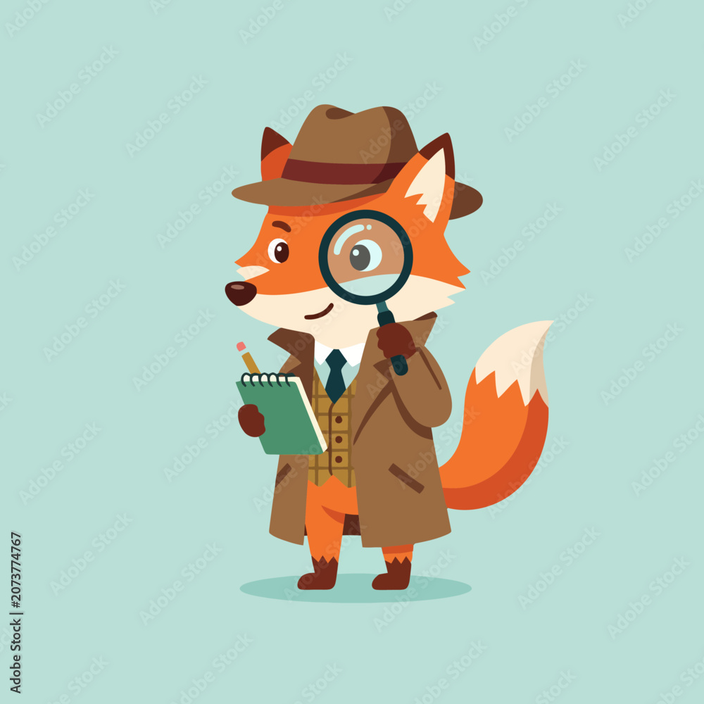 Fototapeta premium A cute fox detective holding a magnifying glass