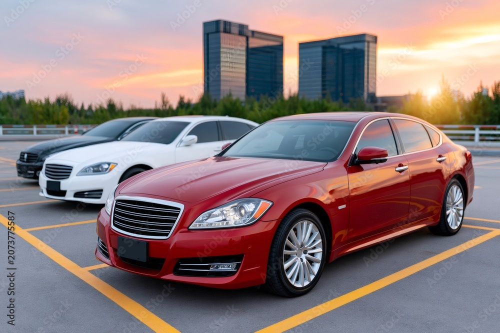Fototapeta premium Luxury sedans parked on rooftop at sunset