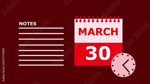 Calendar Page March 30 Red Background Notes Space for Planning Organization date.