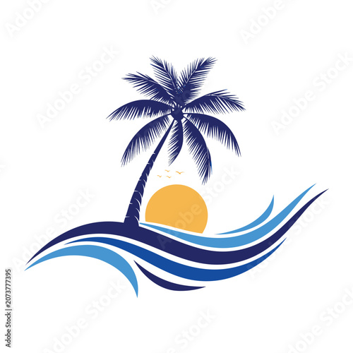 Tropical Beach Sunset Logo with Leaning Coconut Palm Tree and Flowing Ocean Waves